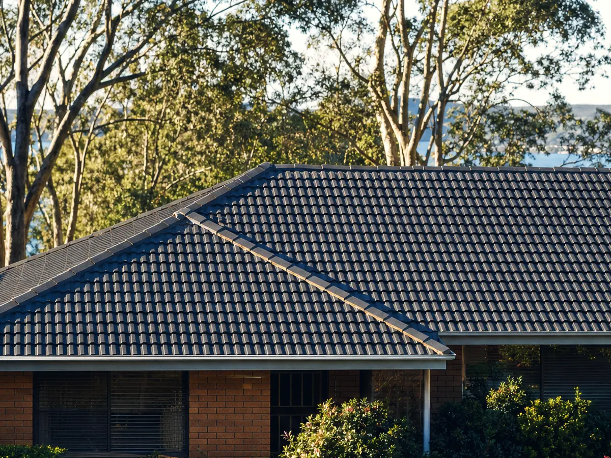 A 1970s brick-and-tile Charlestown home, its charcoal concrete tile roof filling the frame with gum trees and a glimpse of Lake Macquarie behind