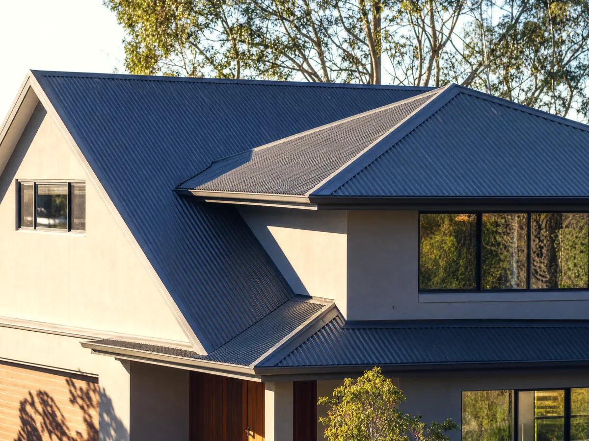 A modern Warners Bay home with a Woodland Grey Colorbond roof, the flat water of Lake Macquarie past the corner of the house