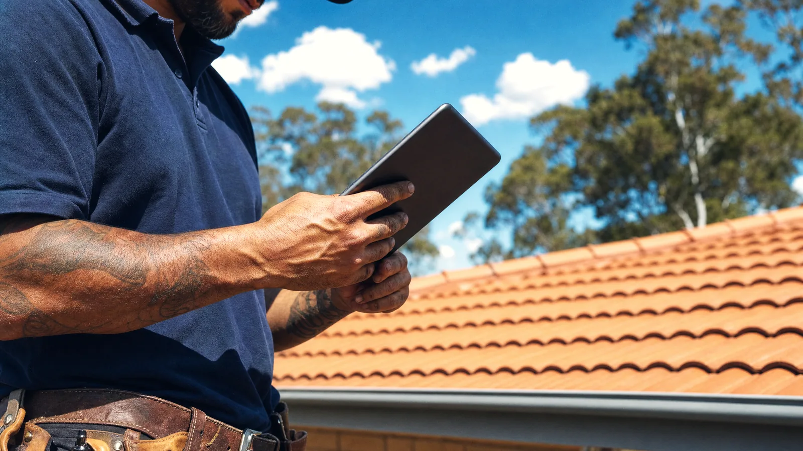 Roofer holding a tablet on site, with a sunlit tile roof behind