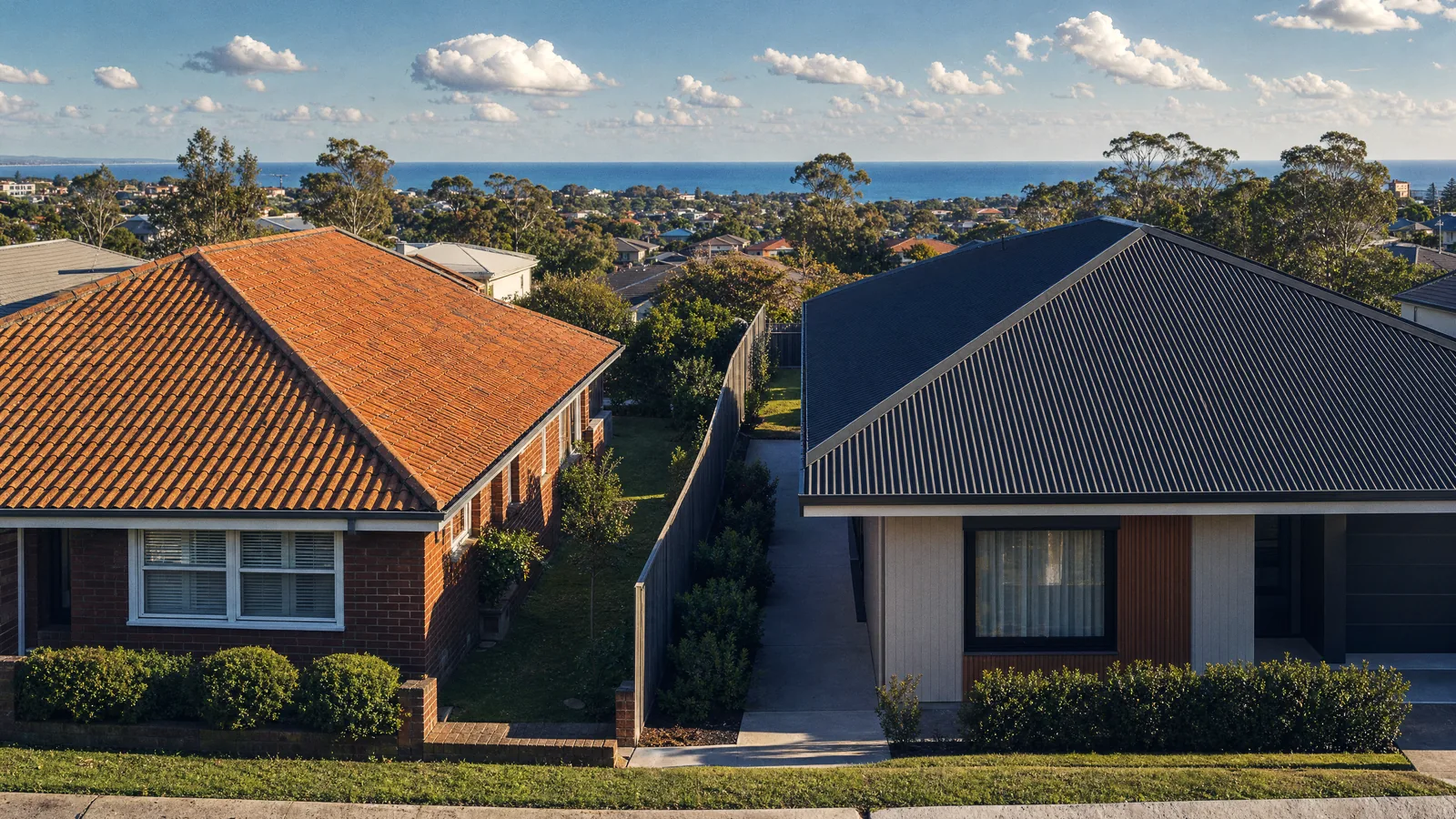 An older terracotta tile roof beside a newer Colorbond one in Newcastle, coastal light
