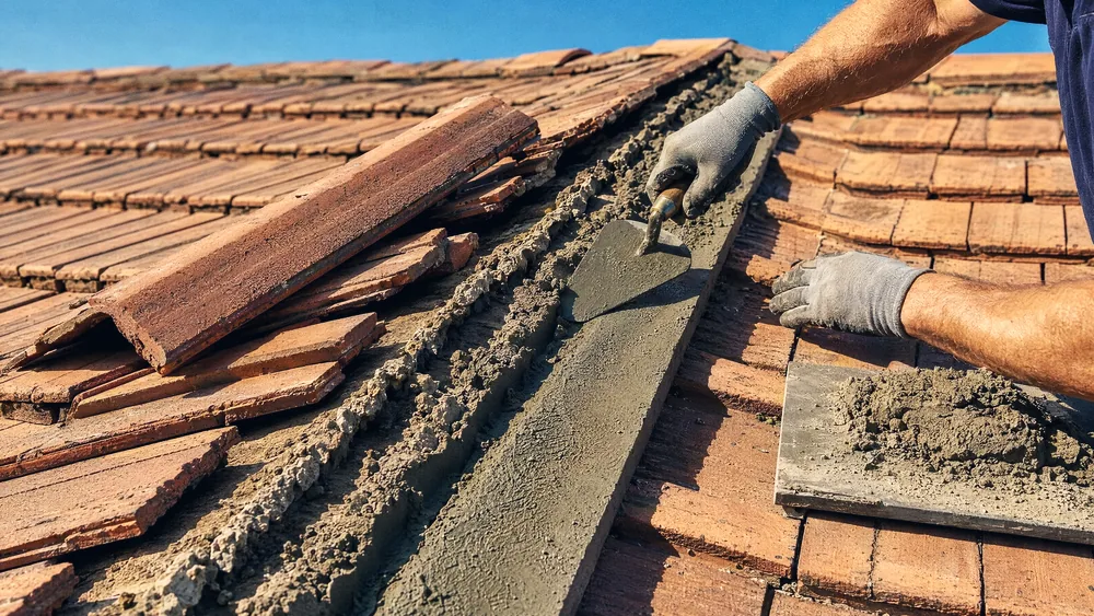 Ridge cap lifted off a tile roof showing the mortar bed underneath, fresh bedding being laid