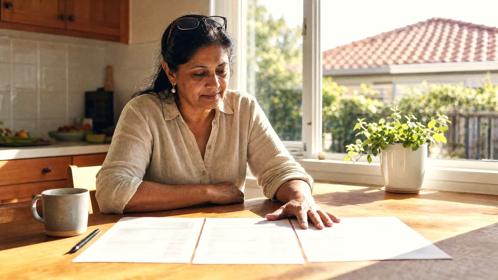Homeowner at a kitchen table comparing three printed roofing quotes, roof visible through the window