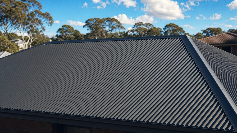 Dark charcoal Colorbond corrugated roof with low sun raking across the corrugations