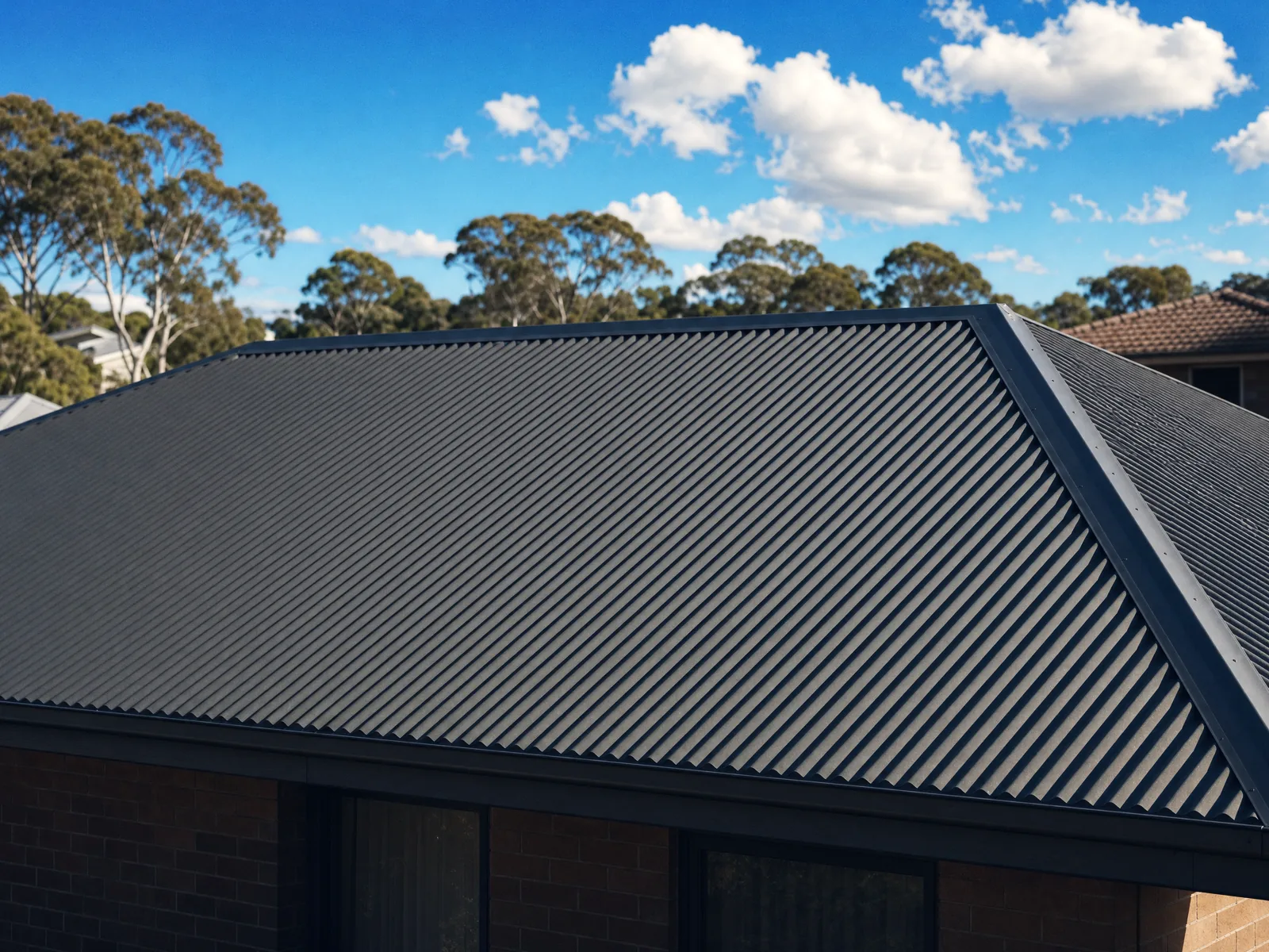 Dark charcoal Colorbond corrugated roof, low afternoon sun raking across the corrugations to a straight ridge