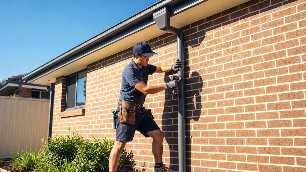 Roof plumber fitting a downpipe against a brick wall