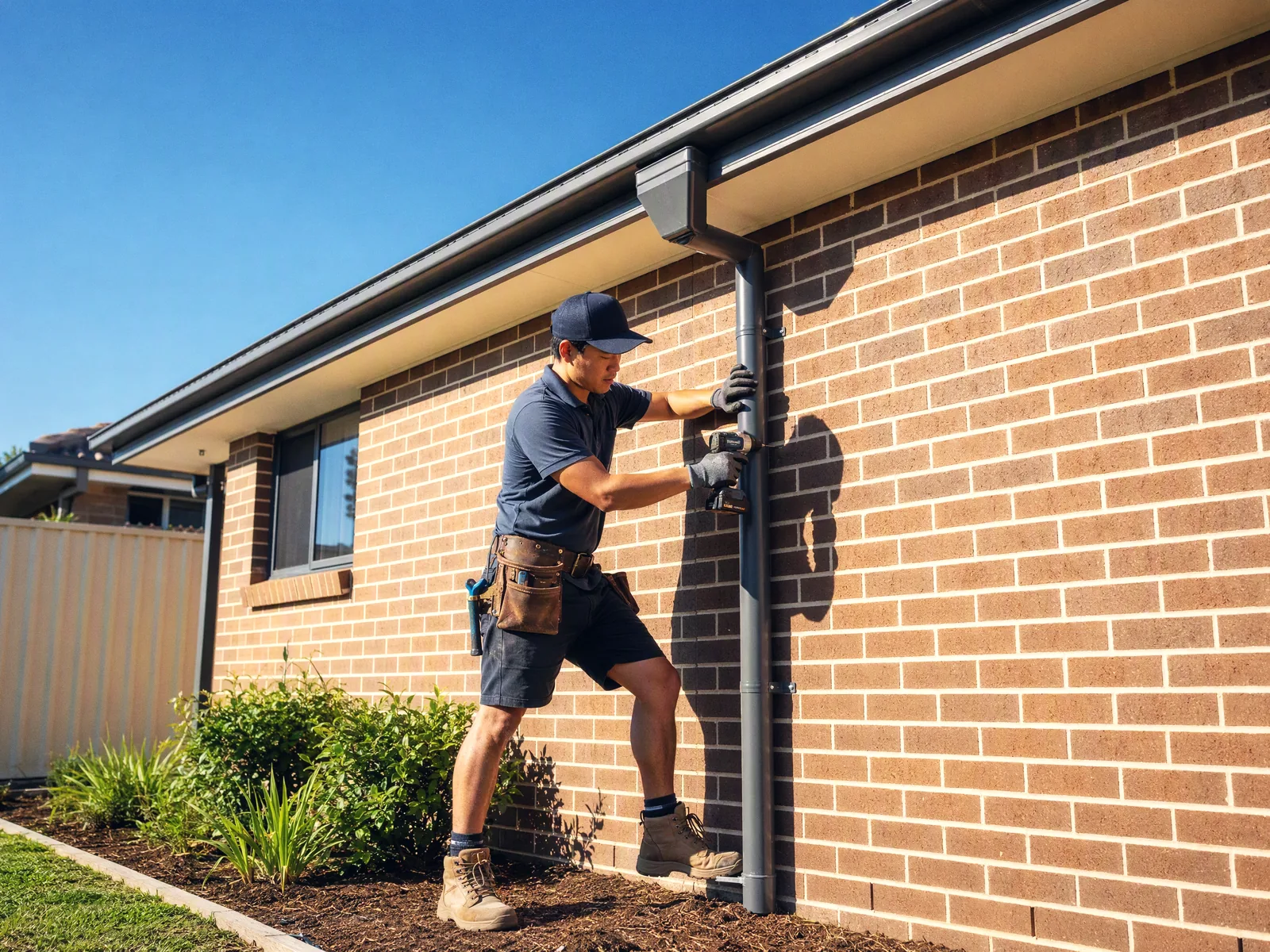 Roof plumber fitting a downpipe against a brick wall, gutter and rainhead visible above