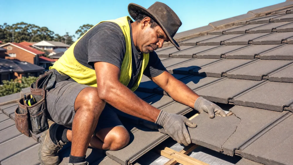 Roofer lifting a cracked concrete tile clear to check the sarking beneath