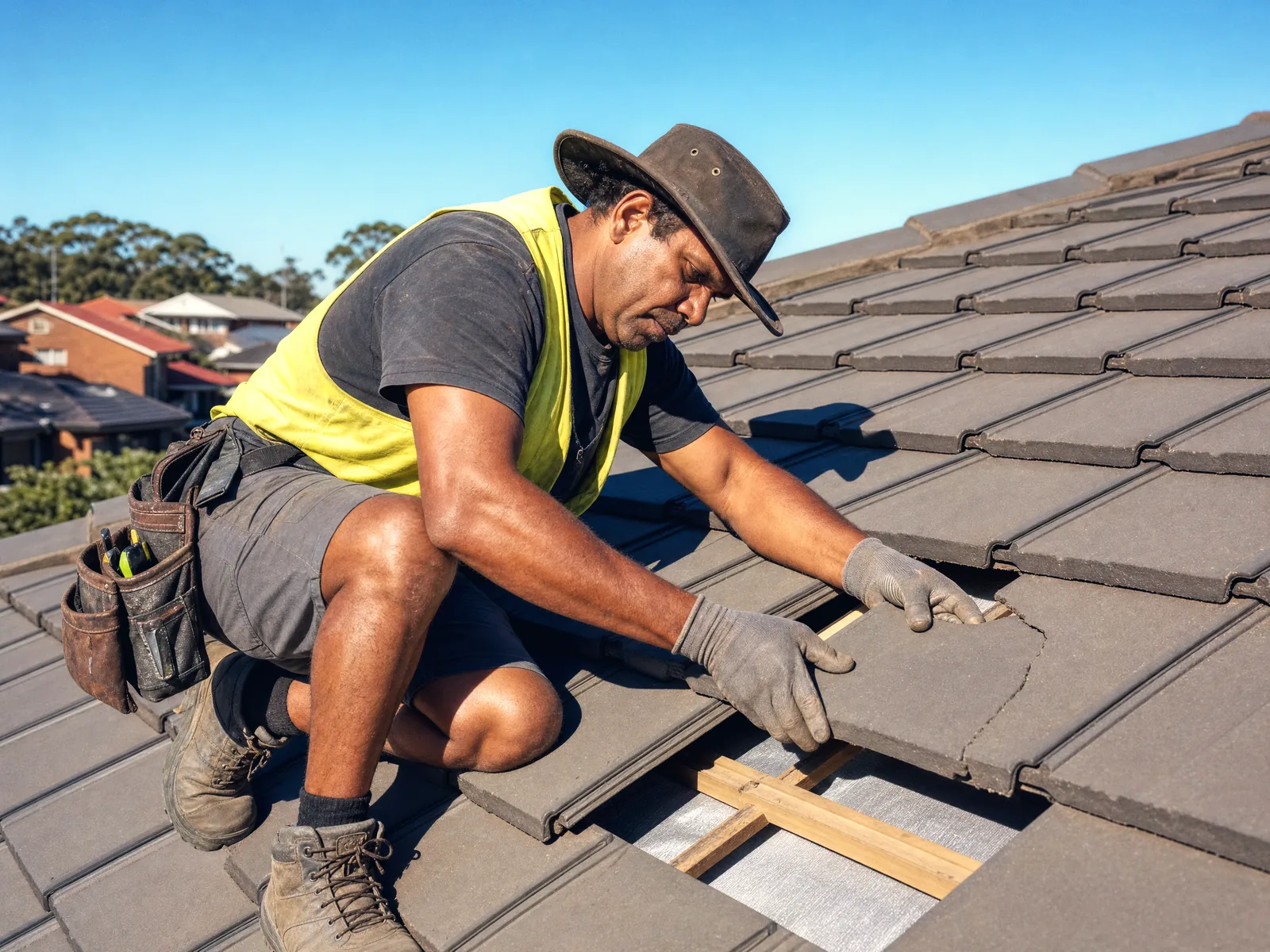 Roofer crouched on a tile roof lifting a cracked tile to inspect the sarking underneath