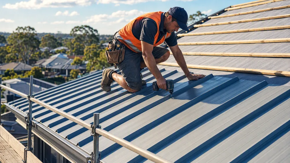 Roofer screwing off new Colorbond sheeting on a half-finished re-roof