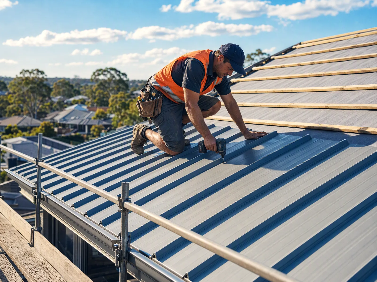 Roofer screwing off full-length Colorbond sheeting, with sarking and battens still exposed further up the slope