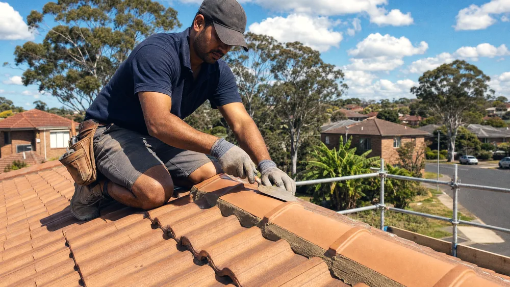 Tile roof mid-restoration, ridge capping freshly pointed, Newcastle suburban street behind