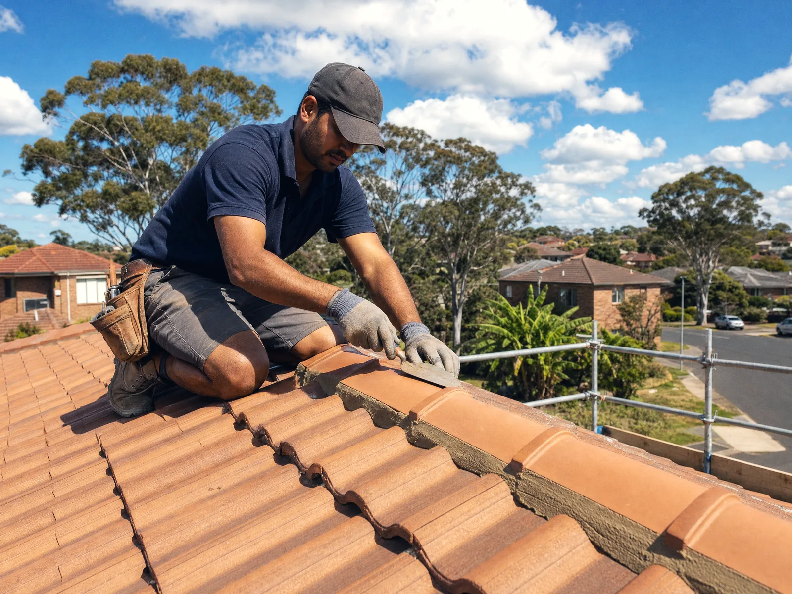 Roofer pointing ridge capping on a Newcastle tile roof, the finished half crisp against the old mortar beyond