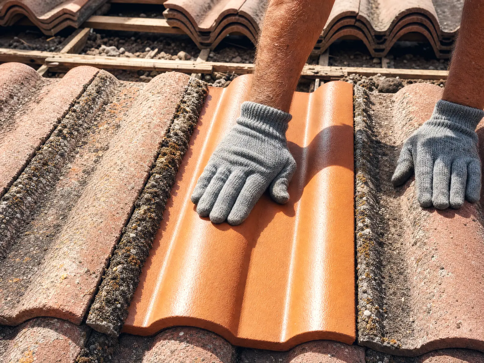 Gloved hands pressing one clean replacement tile into a course of weathered concrete roof tiles